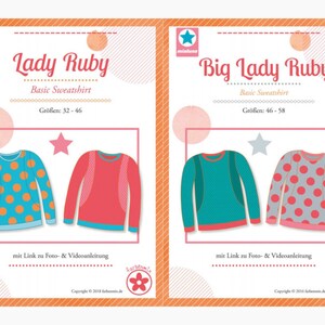 Könnte beinhalten: Zwei Schnittmuster für einen Basic-Sweatshirt, eines für die Größen 32-46 und das andere für die Größen 46-58. Die Schnittmuster heißen "Lady Ruby" und "Big Lady Ruby". Jedes Schnittmuster zeigt ein Foto eines Sweatshirts mit einem anderen Muster, eines mit orangefarbenen und blauen Punkten und das andere mit roten und grauen Punkten.
