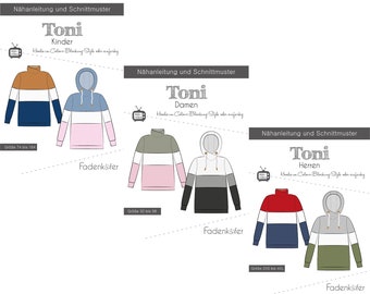 Hoodie TONI Damen, Kinder oder Herren - Papierschnittmuster von Fadenkäfer - Gr. 32 - 58 / Gr. 74 - 164 / Gr. 2XS - 4XL