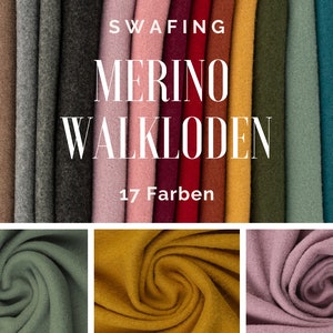 Könnte beinhalten: Nahaufnahme von 17 verschiedenen Farben von Merinowolle Filzstoff. Der Stoff ist weich und hat eine leicht strukturierte Oberfläche. Der Text "SWAFFING MERINO WALKLODEN 17 Farben" ist im Bild sichtbar.