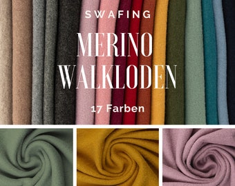 May include: A close-up of 17 different colors of merino wool felt fabric. The fabric is soft and has a slightly textured surface. The text "SWAFFING MERINO WALKLODEN 17 Farben" is visible in the image.