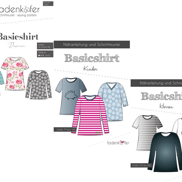 BASICSHIRT Damen, Kinder oder Herren - Papierschnittmuster von Fadenkäfer - Gr. 32 - 58 / Gr. 74 - 164  / Gr. 2XS- 4 XL