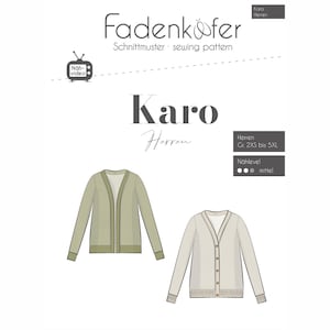 Könnte beinhalten: Ein Schnittmuster für einen Cardigan, genannt "Karo Herren". Das Schnittmuster ist in den Größen 2XS bis 5XL erhältlich und gilt als mittelschwer.
