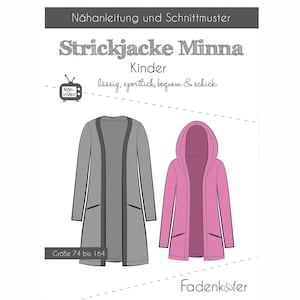 Könnte beinhalten: Ein Schnittmuster für eine Strickjacke namens "Minna" für Kinder. Das Schnittmuster beinhaltet ein Video-Tutorial und ist in den Größen 74 bis 164 cm erhältlich.