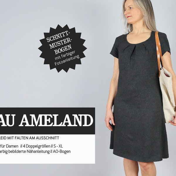 Frau AMELAND Kleid mit Falten am Ausschnitt - Papierschnittmuster von Studio Schnittreif - Gr. S- XL auf A0-Bogen