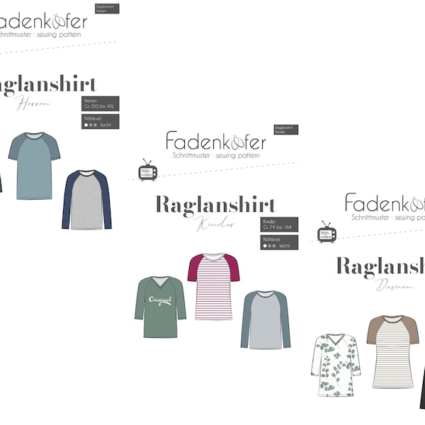 RAGLANSHIRT Damen, Kinder oder Herren - Papierschnittmuster von Fadenkäfer - Gr. 32 - 58 / Gr. 74 - 164 / Gr. 2XS - 4XL