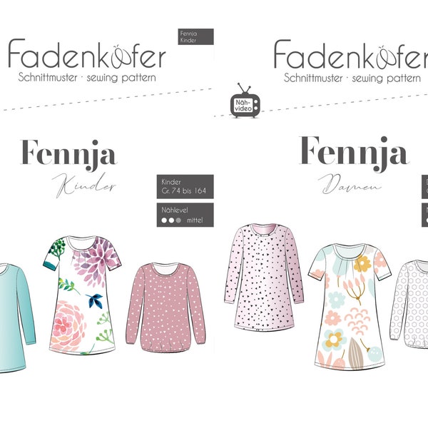 Bluse Tunika FENNJA Damen oder Kinder - Papierschnittmuster von Fadenkäfer - Gr. 32 - 58 / Gr. 74 - 164