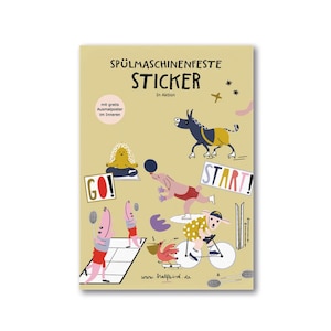 Könnte beinhalten: Ein Set bunter, spülmaschinenfester Sticker mit verschiedenen Tieren und Sportmotiven. Die Sticker zeigen einen Esel auf Rollschuhen, einen Igel, der Yoga macht, einen Hund, der Fußball spielt, einen Hund auf Schlittschuhen, einen Hund, der Fahrrad fährt, einen Hund, der Badminton spielt, eine Krabbe auf einem Skateboard und einen Hund, der Ski fährt. Die Sticker enthalten auch die Worte "GO!" und "START!" sowie den Text "www.halfbird.de".
