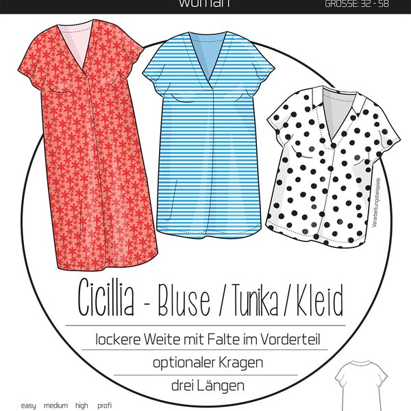 Bluse Tunika Kleid CICILLIA - Papierschnittmuster von Kibadoo - Gr. 32 - 58 auf A0-Bogen