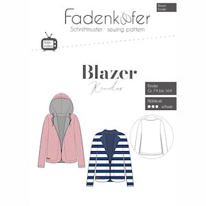 Könnte beinhalten: Ein Schnittmuster für einen Kinderblazer. Das Schnittmuster beinhaltet Anleitungen zum Nähen eines Blazers mit Kapuze, eines gestreiften Blazers und eines einfarbigen Blazers. Das Schnittmuster ist für die Größen 74 bis 164 cm. Das Schnittmuster wird als "schwer" (schwierig) beschrieben.