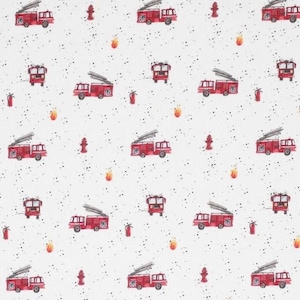 May include: A white fabric with a repeating pattern of red fire trucks, fire hydrants, and flames. The fire trucks have ladders and are on a white background with black speckles.