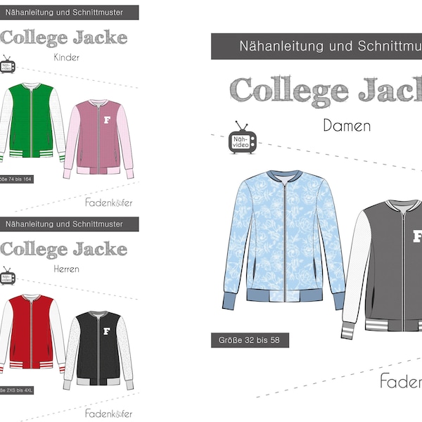 COLLEGE JACKE Damen, Kinder oder Herren - Papierschnittmuster von Fadenkäfer - Gr. 32 - 58 / Gr. 74 - 164 / Gr. 2XS - 4XL