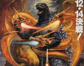 May include: A movie poster for the Japanese film "Godzilla vs. King Ghidorah" featuring a black Godzilla fighting three golden King Ghidorahs. The poster has the Japanese text "12.14 決戦!" and "ゴジラ VS キングギドラ" in red and black.