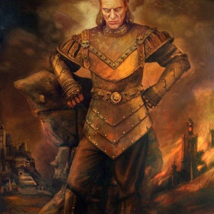 May include: An oil painting depicts a stern figure in ornate, bronze-colored armor, standing with hands on hips. The background shows a fiery landscape with buildings and a dark, ominous sky. The artwork evokes a sense of power and conflict.