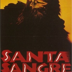 May include: A movie poster with a black and white image of a bird of prey with a yellow background. The title of the movie is "SANTA SANGRE" in red letters with white outlines. The text "Un Film de ALEJANDRO JODOROWSKY" is in white letters on a black background.