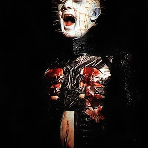 May include: A close-up of a horror movie character with a pale face covered in sharp metal hooks and a bloody chest. The character is wearing a black leather outfit with a dark background.