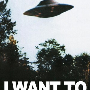 May include: A black and white image of a flying saucer with the text "I WANT TO BELIEVE" below it.