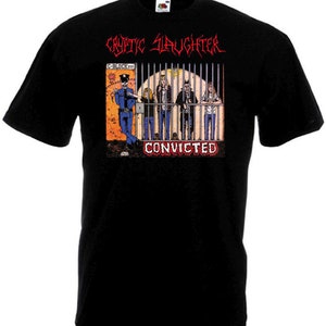 May include: Black t-shirt with a graphic print of a band called "Cryptic Slaughter". The graphic shows a jail scene with a police officer and four people behind bars. The text "Convicted" is printed below the graphic.