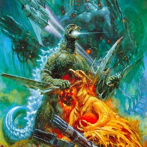 May include: A colorful illustration of Godzilla battling a giant robot, Mechagodzilla, with a fiery background and a blue sky. The text "Godzilla vs Mechagodzilla" is written in Japanese characters at the top of the image.