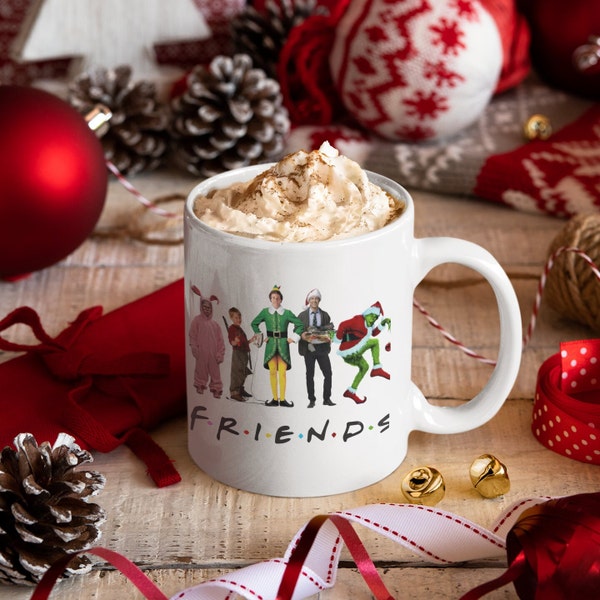 Buddy from Elf, Kevin from Home Alone, The Grinch, Ralph from A Christmas Story, Clark Griswold Friends Christmas Mug