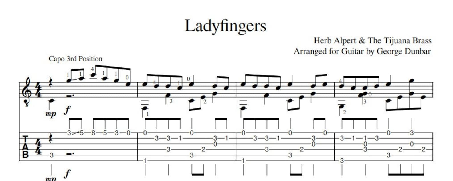 Ladyfingers by Herb Alpert Guitar Sheet Music notation and Tabs Etsy UK