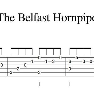 May include: A guitar tablature for "The Belfast Hornpipe" in the key of D, with the text "Original key D Capo: 2nd for D" and "anon." The tablature includes musical notation for the strings and frets.