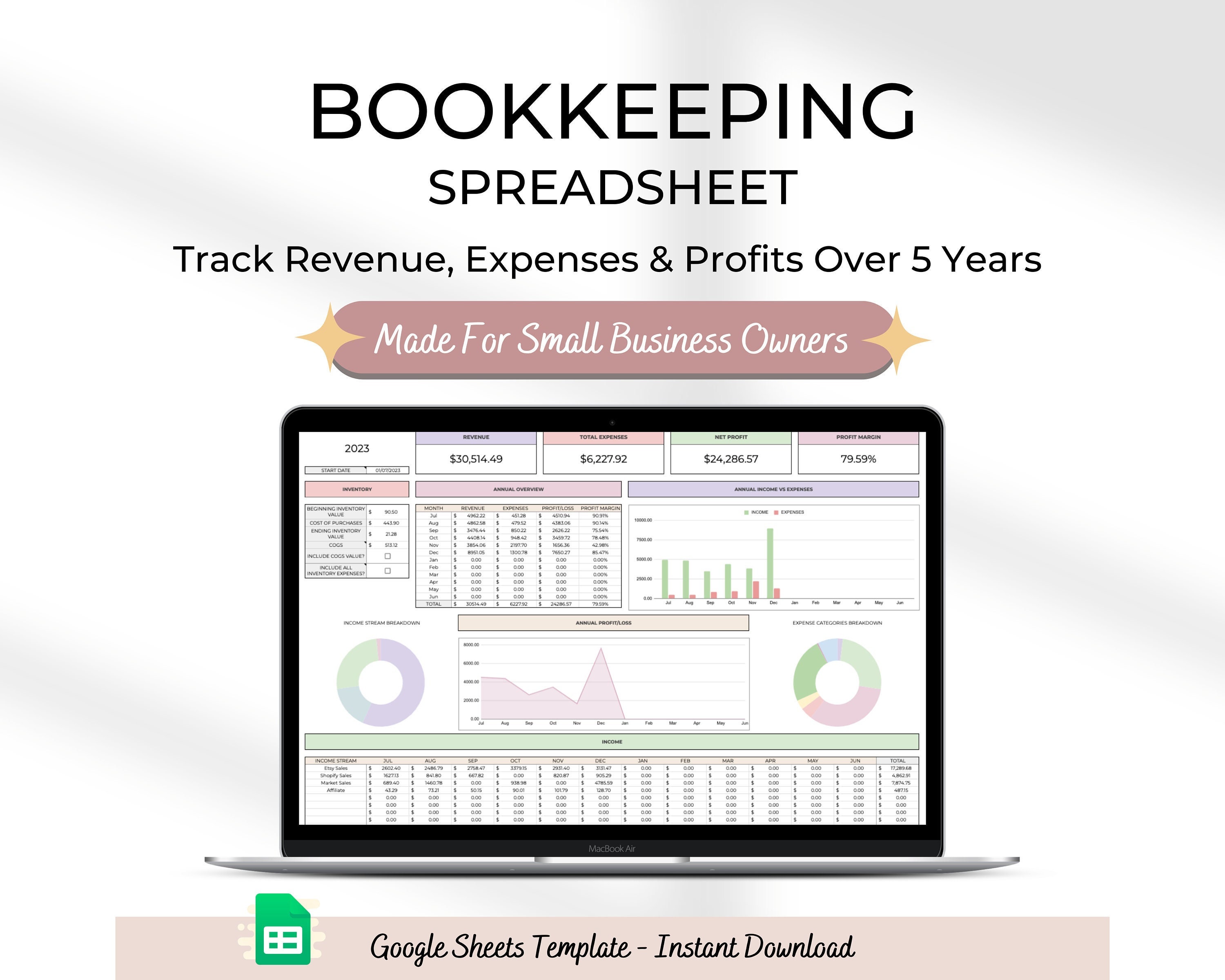 Small Business Bookkeeping Spreadsheet: Google Sheets Income & Expense ...