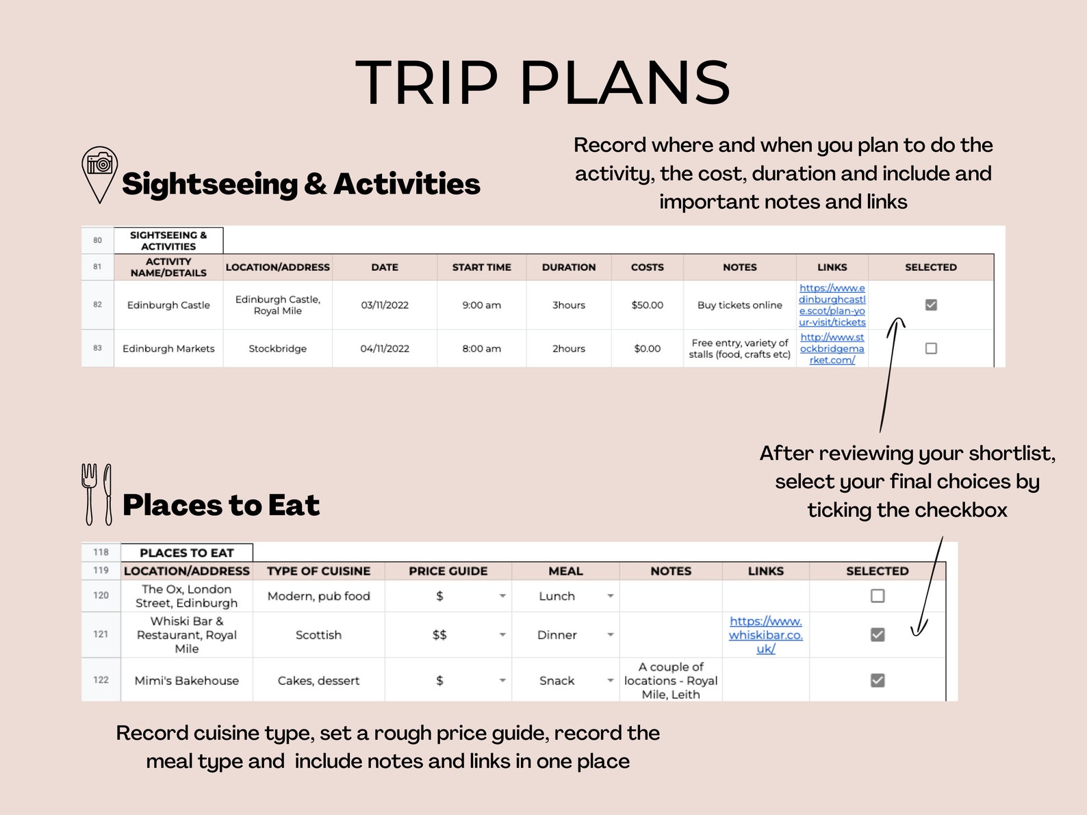trip planning google sheet template