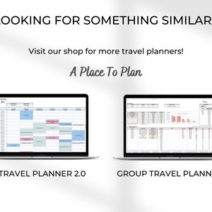 May include: Two laptop computer screens displaying different printable travel planner templates. The left screen shows a calendar-style planner labeled "Travel Planner 2.0". The right screen shows a spreadsheet-style planner labeled "Group Travel Planner".