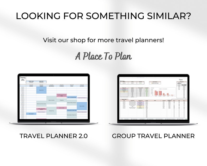 May include: Two laptop computer screens displaying different printable travel planner templates. The left screen shows a calendar-style planner labeled "Travel Planner 2.0". The right screen shows a spreadsheet-style planner labeled "Group Travel Planner".