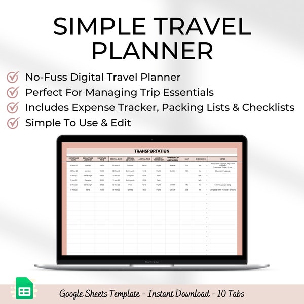 Travel Planner Spreadsheet Travel Planner Google Sheets Digital Travel Planner Travel Expense Tracker Travel Packing List Travel Checklists