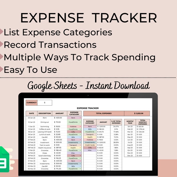 Expense Tracker Google Sheets Etsy