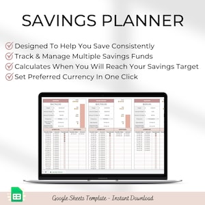 May include: A laptop screen displaying a Google Sheets template for a savings planner. The template has three sections, each with a different savings goal: £41,742.00, £20,700.00, and £20,000.00. The template includes a calendar, a chart, and a table for tracking savings progress.