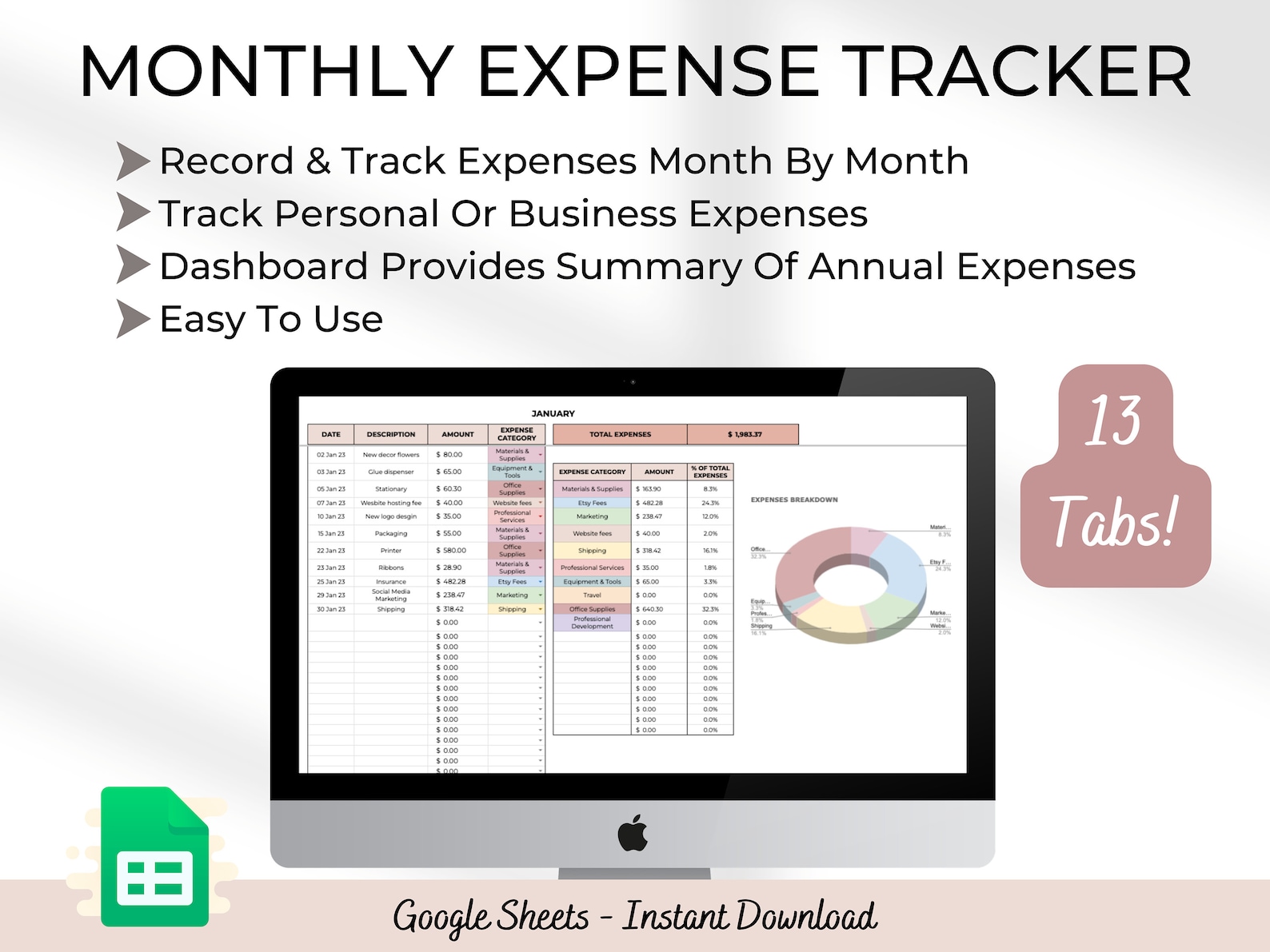 Monthly Expense Tracker Google Sheets Small Business Expense - Etsy ...