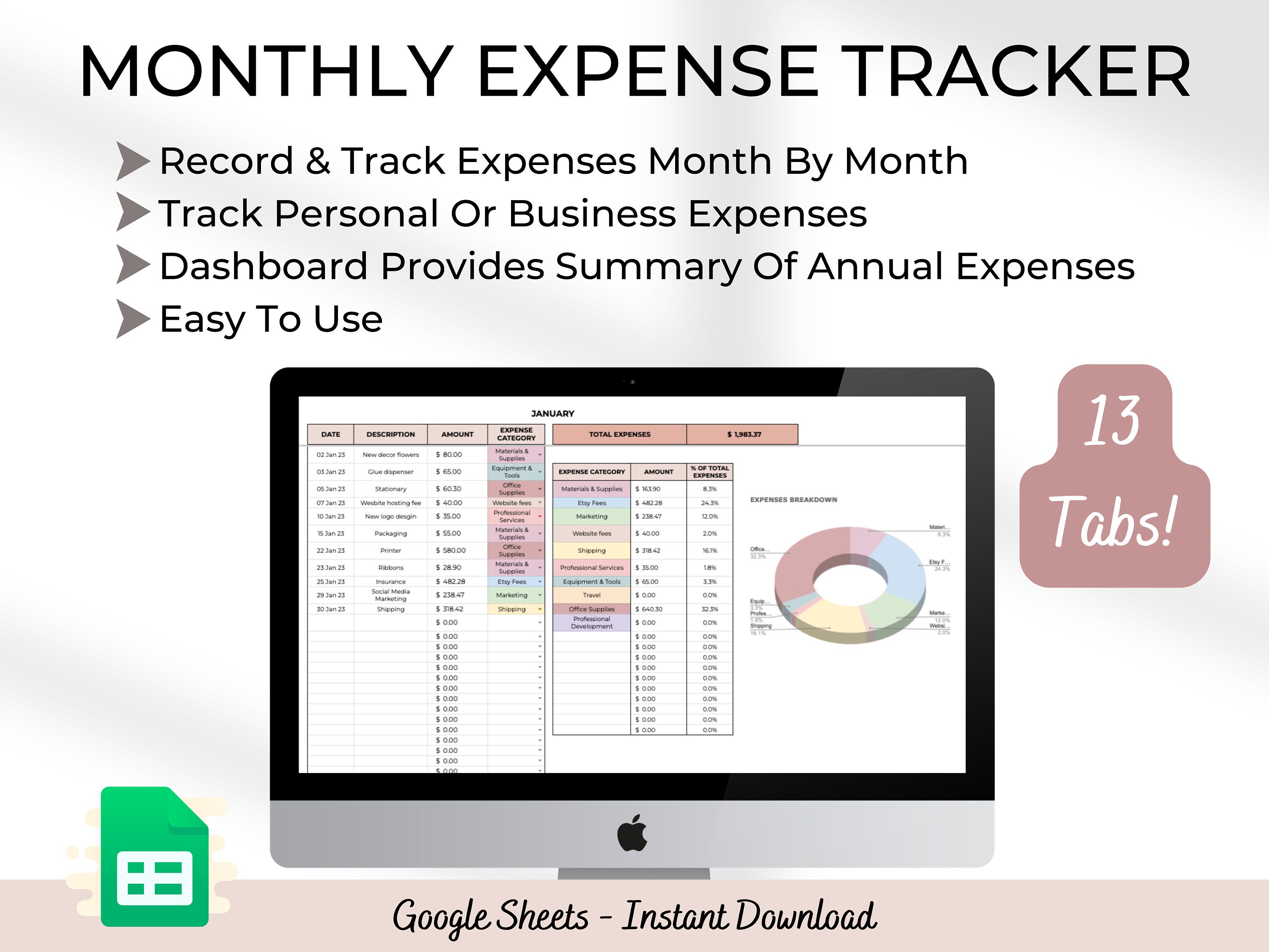 Monthly Expense Tracker Google Sheets Small Business Expense Etsy