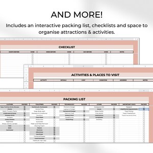 May include: A printable travel planner with checklists, packing lists, and space to organize activities and places to visit. The planner is designed in a pink and white color scheme with a simple, modern aesthetic.