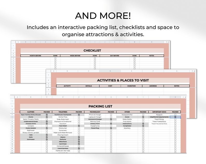 May include: A printable travel planner with checklists, packing lists, and space to organize activities and places to visit. The planner is designed in a pink and white color scheme with a simple, modern aesthetic.