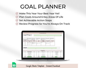 May include: A laptop computer displaying a Google Sheets template for a goal planner. The template is divided into six sections: Career & Business, Health & Fitness, Finances, Family & Relationships, Social & Network, and Knowledge. The template includes sections for setting goals, action steps, and tracking progress.