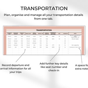 May include: A printable transportation planner with columns for departure date, location, time, arrival date, location, time, mode of transport, transport ID, seat number, checked-in, and notes. The planner is designed to help you organize and manage your travel details.