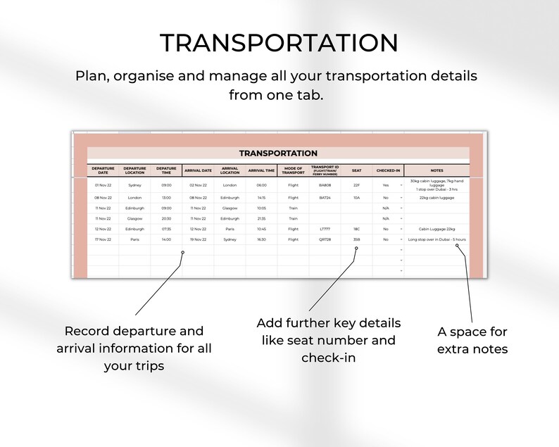May include: A printable transportation planner with columns for departure date, location, time, arrival date, location, time, mode of transport, transport ID, seat number, checked-in, and notes. The planner is designed to help you organize and manage your travel details.