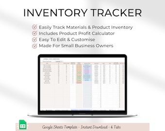 May include: A laptop computer displaying a Google Sheets spreadsheet template for inventory tracking. The spreadsheet includes columns for material, stock count, order status, supplier, cost, unit, and total cost. The text "INVENTORY TRACKER" is displayed at the top of the image. The text "Google Sheets Template - Instant Download - 6 Tabs" is displayed at the bottom of the image.