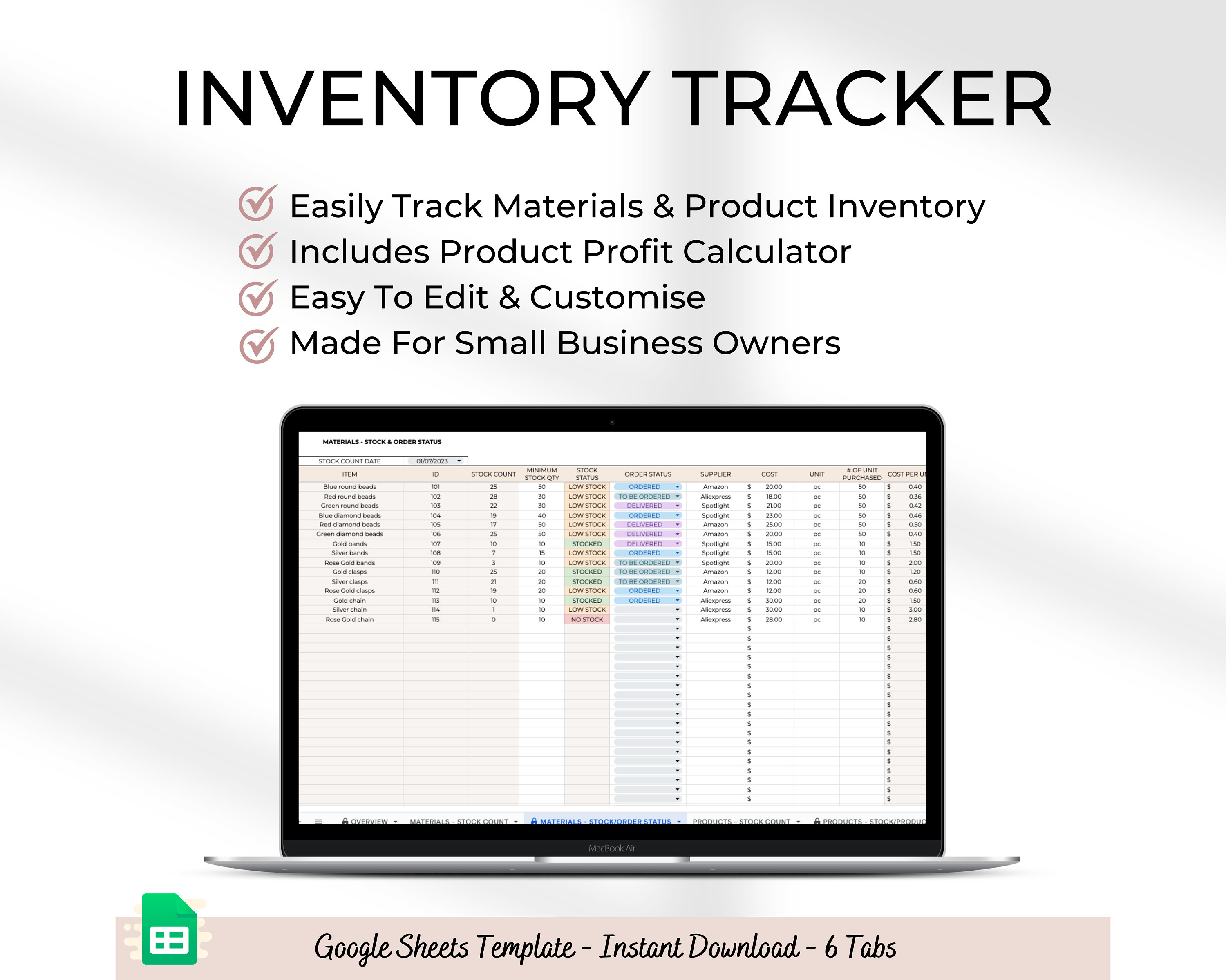 在庫追跡テンプレート: Google スプレッドシート、製品利益計算ツール (デジタルダウンロード) - Etsy 日本