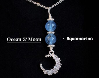 Colar de água-marinha natural, colar de lua, cristal de contas de 6 mm, colar crescente, colar de barra vertical de cristal, corrente cheia de ouro 14k
