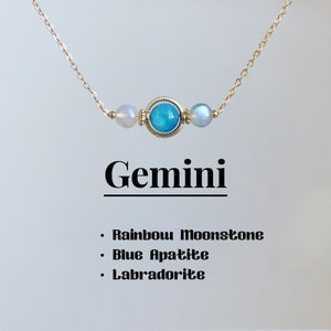 Gemini Crystal Necklace, Rainbow moonstone-Blue apatite-Labradorite, Zodiac necklace,5-6mm beaded Healing crystal, Protection necklace