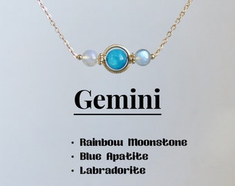 Gemini Crystal Necklace, Rainbow moonstone-Blue apatite-Labradorite, Zodiac necklace,5-6mm beaded Healing crystal, Protection necklace