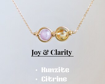Colar de proteção de cristal, Kunzita-Citrino, cristal com contas de 6 mm, colar de cristal de cura, colar de pedras preciosas, preenchido com ouro 14k, presente para ela