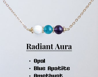 Colar de proteção, opala-azul apatita-ametista, cristal com contas de 6 mm, colar de cristal curativo, presente para ela, corrente cheia de ouro 14k