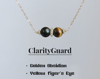 Colar de obsidiana e olho de tigre, pedra preciosa com contas de 6-7 mm, colar de pedra preciosa curativa, presente para homens, presente para melhor amigo, corrente cheia de ouro 14k