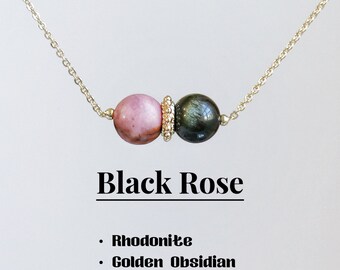Colar de rosa negra, rodonita-obsidiana dourada, cristal com contas de 8 mm, colar de pedras preciosas de cura, corrente cheia de ouro 14k, prata 925, presente para ela