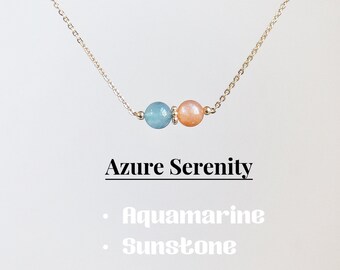 Colar natural de água-marinha e pedra-do-sol, colar de proteção, cristal com contas de 6-7 mm, colar de cristal curativo, presente para ela, preenchido com ouro 14k