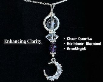 Colar com barra vertical de cristal natural, colar com lua, quartzo transparente de 6 mm, diamante Herkimer e ametista, colar com crescente, corrente de ouro 14k
